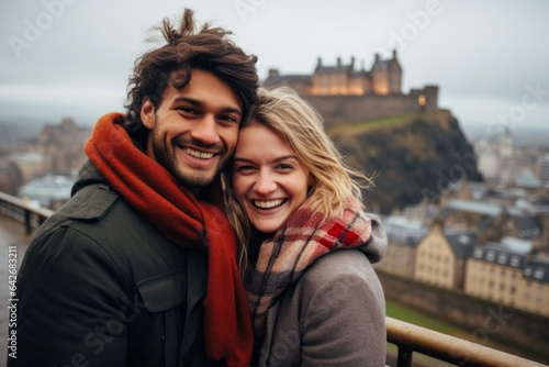 Couple in their 30s smiling at the Edinburgh Castle in Edinburgh Scotland © Anne Schaum