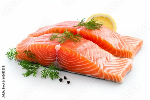 Appetizing salmon on a white backdrop. Background with selective focus