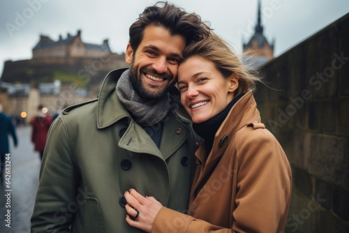 Couple in their 30s smiling at the Edinburgh Castle in Edinburgh Scotland