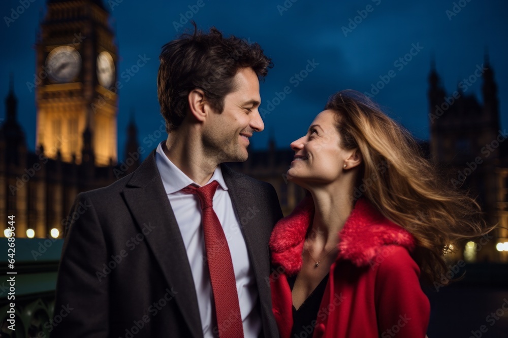 Couple in their 30s smiling at the Palace of Westminster in London England Couple in their 30s smiling at the Palace of Westminster in London England
