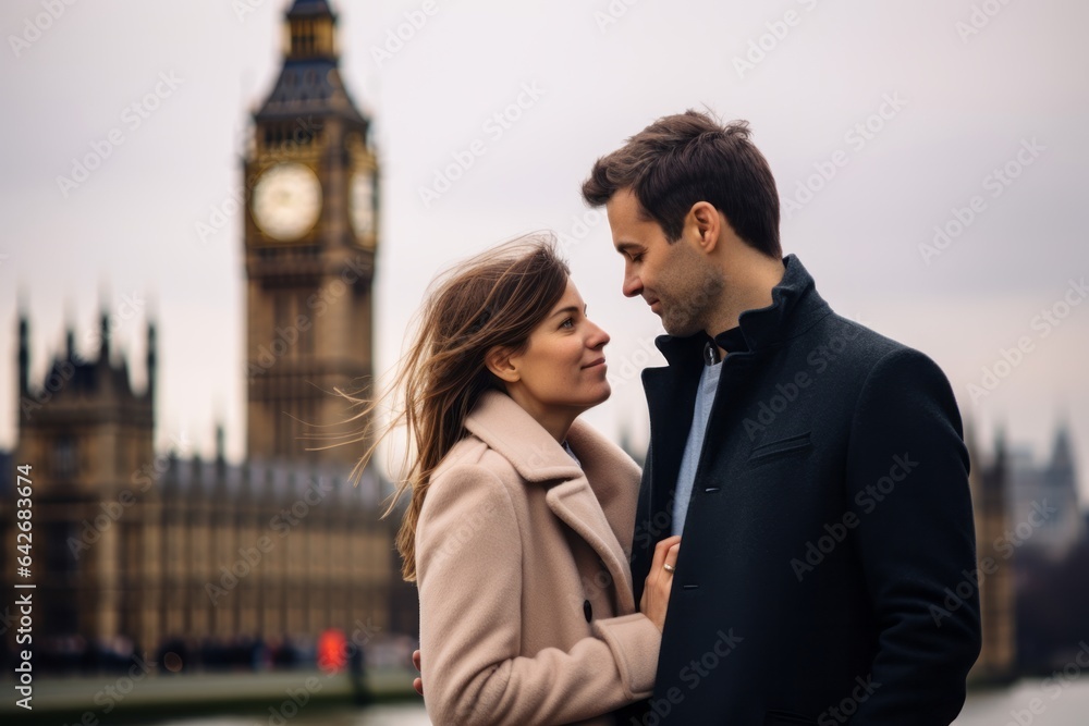 Couple in their 30s at the Palace of Westminster in London England Couple in their 30s at the Palace of Westminster in London England