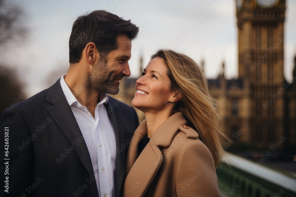Couple in their 40s at the Palace of Westminster in London England Couple in their 40s at the Palace of Westminster in London England