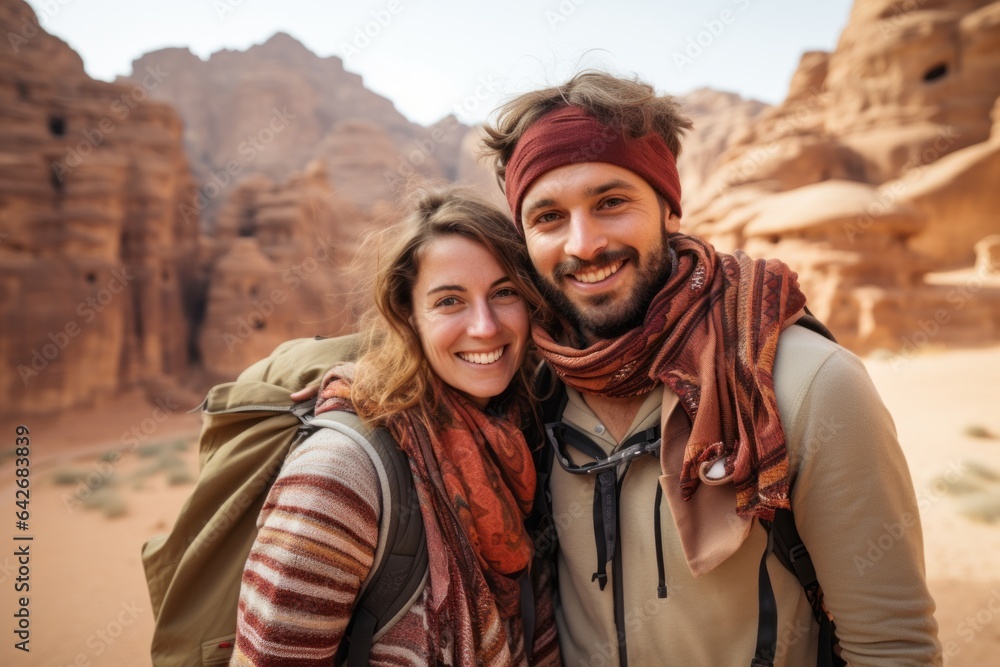 Couple in their 30s smiling at the Petra in Maan Governorate Jordan