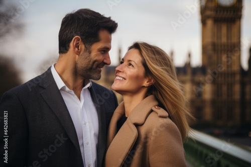 Couple in their 40s at the Palace of Westminster in London England © Anne Schaum