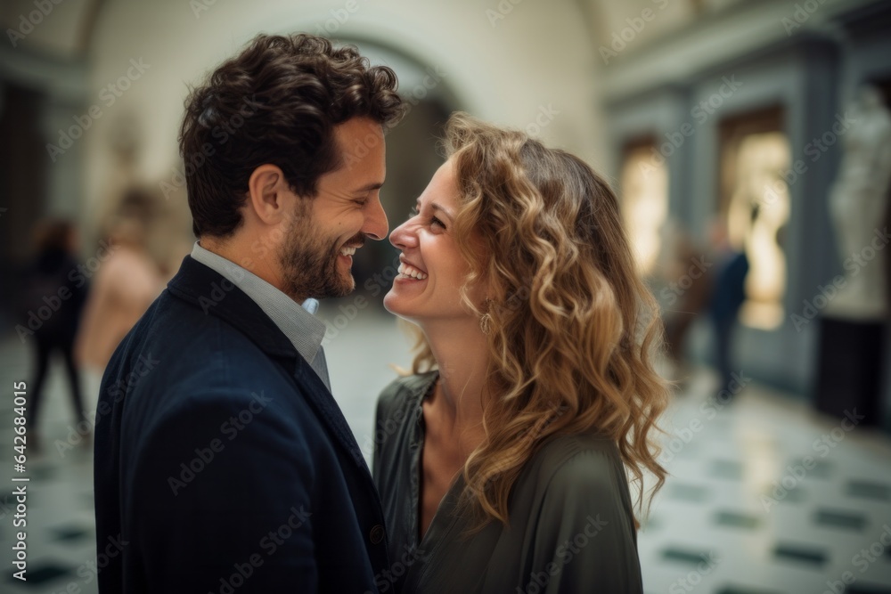 Couple in their 30s smiling at the Museo Nacional Del Prado in Madrid Spain Couple in their 30s smiling at the Museo Nacional Del Prado in Madrid Spain