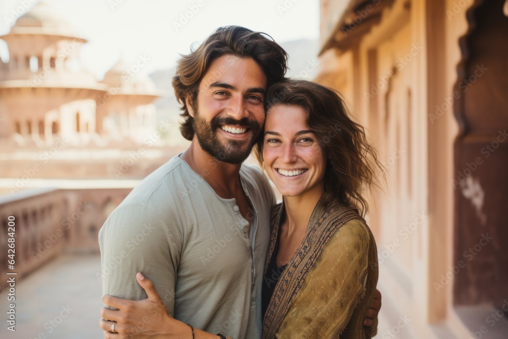 Fototapeta premium Couple in their 30s smiling at the Amber Fort in Jaipur India