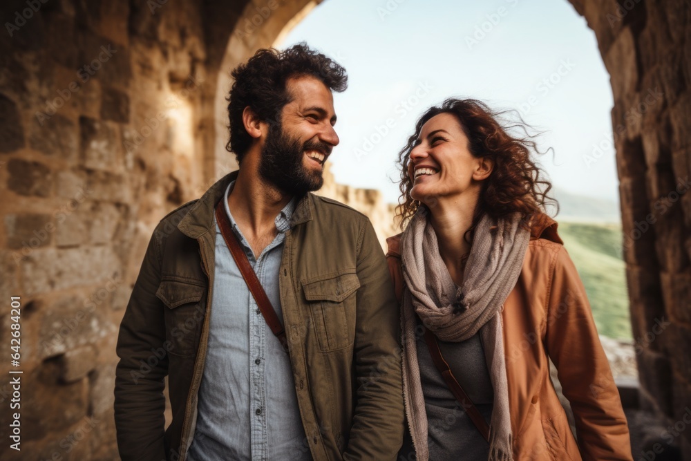 Couple in their 30s smiling at the Crac des Chevaliers in Homs Governorate Syria Couple in their 30s smiling at the Crac des Chevaliers in Homs Governorate Syria