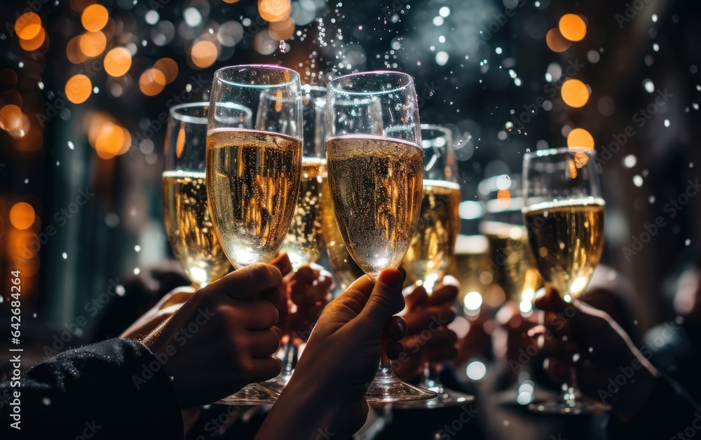 Φωτογραφία Friends clinking champagne flutes in a jubilant New Year's Eve gathering, surrounded by the vibrant bursts of fireworks