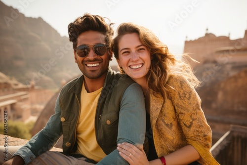Couple in their 30s smiling at the Amber Fort in Jaipur India © Anne Schaum