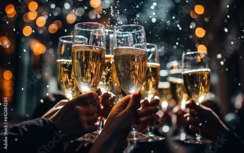 Friends clinking champagne flutes in a jubilant New Year's Eve gathering, surrounded by the vibrant bursts of fireworks.