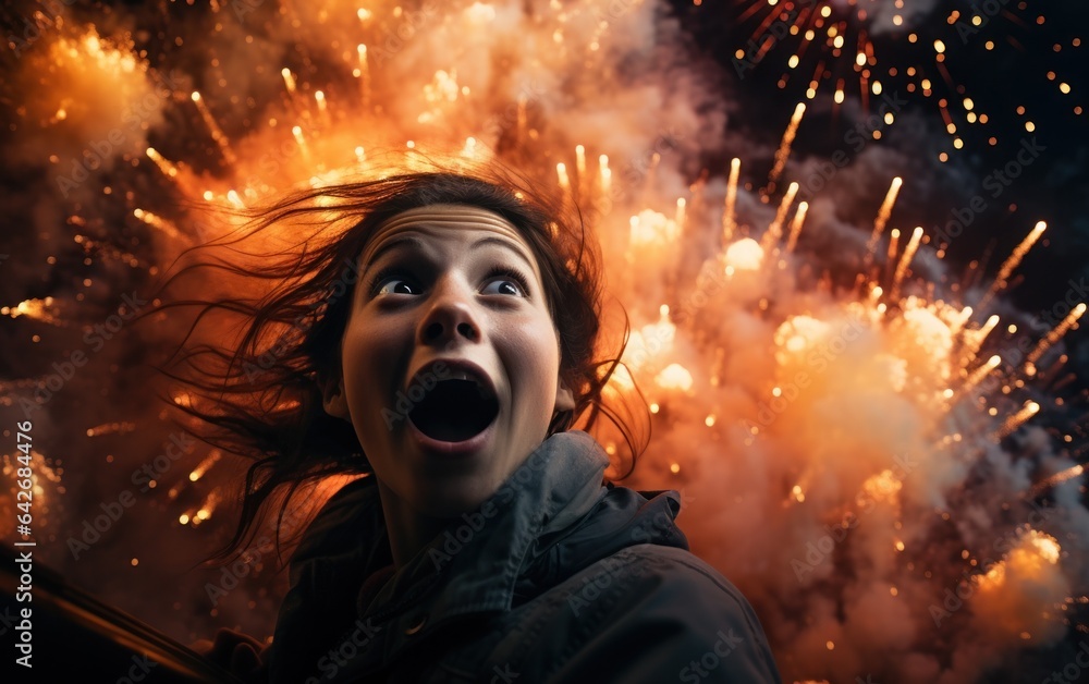 Obraz premium Against the backdrop of dazzling New Year's Eve fireworks, a delighted girl revels in the holiday splendor.