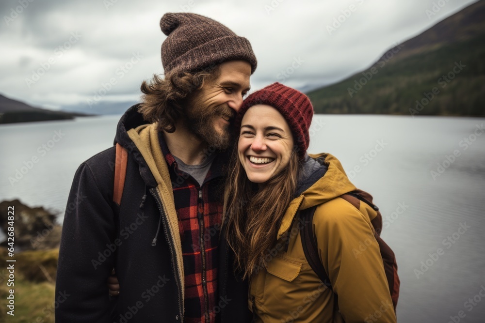 Couple in their 30s smiling at the Loch Ness in Scottish Highlands Scotland Couple in their 30s smiling at the Loch Ness in Scottish Highlands Scotland