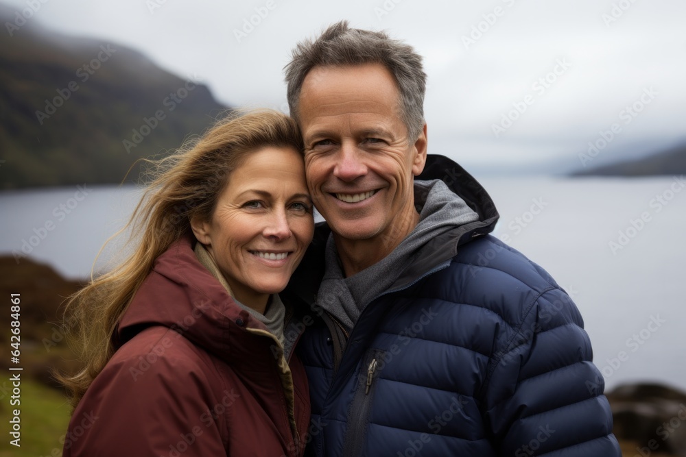 Couple in their 40s smiling at the Loch Ness in Scottish Highlands Scotland Couple in their 40s smiling at the Loch Ness in Scottish Highlands Scotland