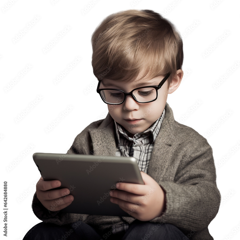 Boy using tablet on transparent background Boy using tablet on transparent background