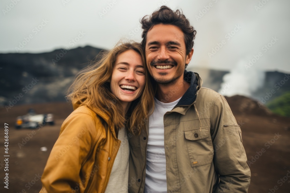 Couple in their 30s smiling at the Aogashima Volcano in Tokyo Japan Couple in their 30s smiling at the Aogashima Volcano in Tokyo Japan