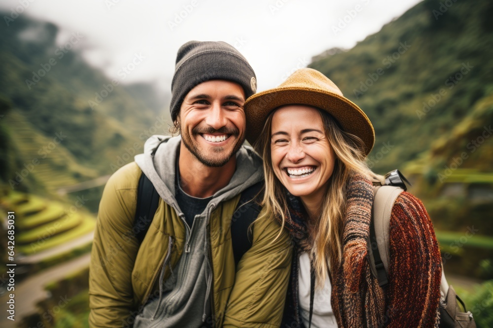 Couple in their 30s smiling at the Banaue Rice Terraces in Ifugao Philippines Couple in their 30s smiling at the Banaue Rice Terraces in Ifugao Philippines