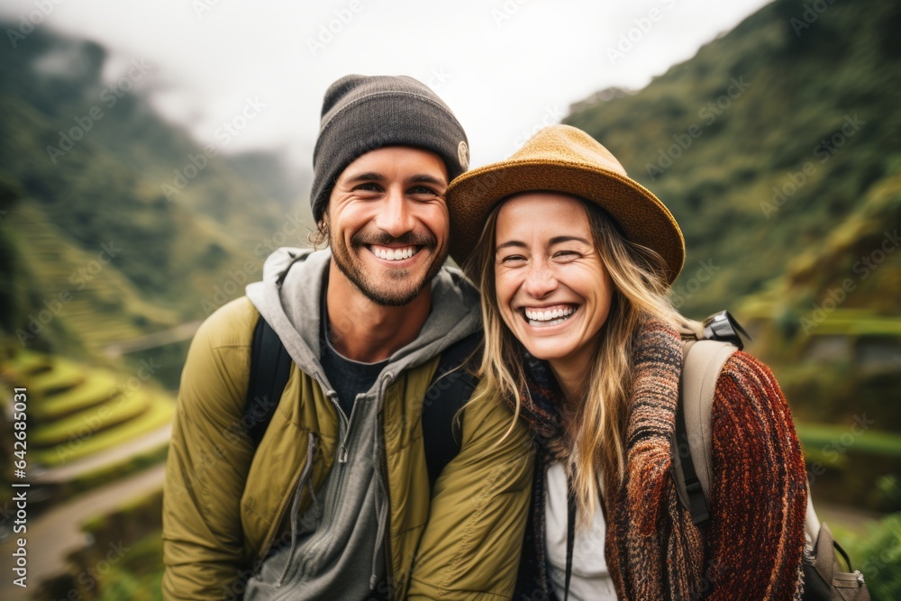 Couple in their 30s smiling at the Banaue Rice Terraces in Ifugao Philippines