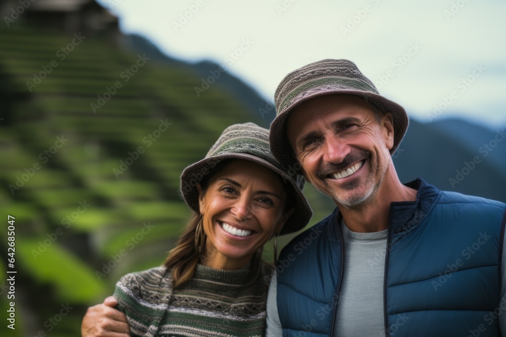 Couple in their 40s smiling at the Banaue Rice Terraces in Ifugao Philippines