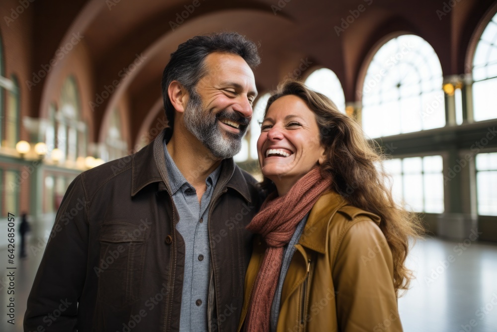 A couple in their 40s smiling at the Ellis Island in New York USA A couple in their 40s smiling at the Ellis Island in New York USA