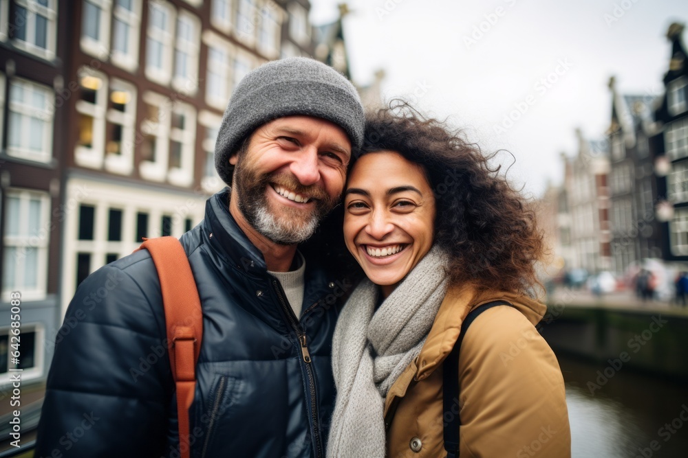 A couple in their 30s smiling at the Anne Frank House in Amsterdam Netherlands
