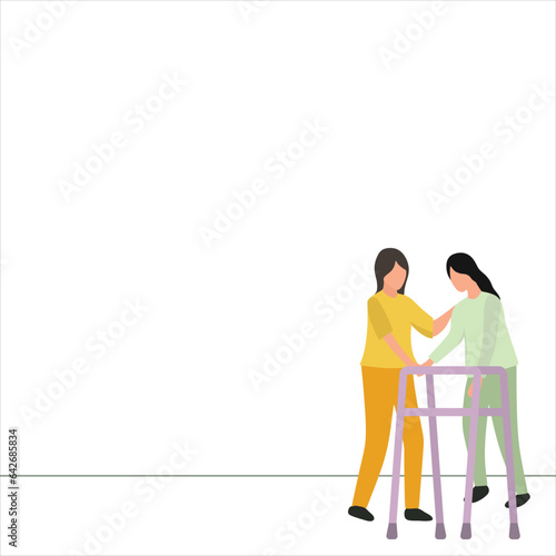 Simple Vector illustration background about a woman walking in medical rehabilitation, physical therapy. Female in recovery doing exercises. Girl therapist helping in rehab healthcare. Modern design