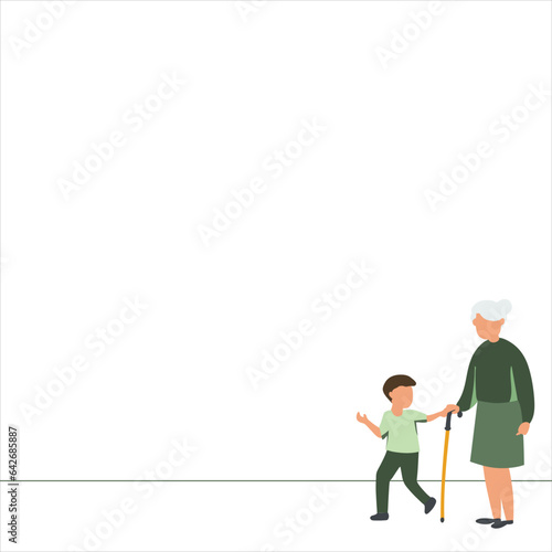 vector illustration of a grandson leads grandma on a walk, one line design for presentation, bottom right object position.