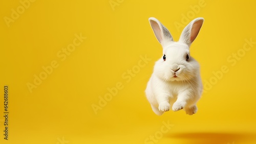 Little cute rabbit on vibrant yellow background. Copy space for text. AI generated digital design.  © Maroubra Lab