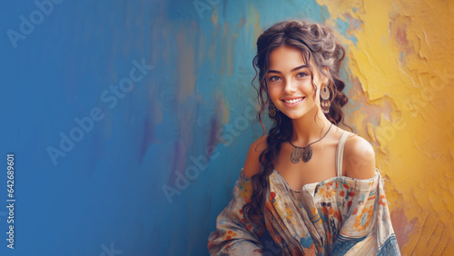 Native latin mexico resident girl in traditional clothes, Smiling mexican hispanic woman, diversity multicultural concept