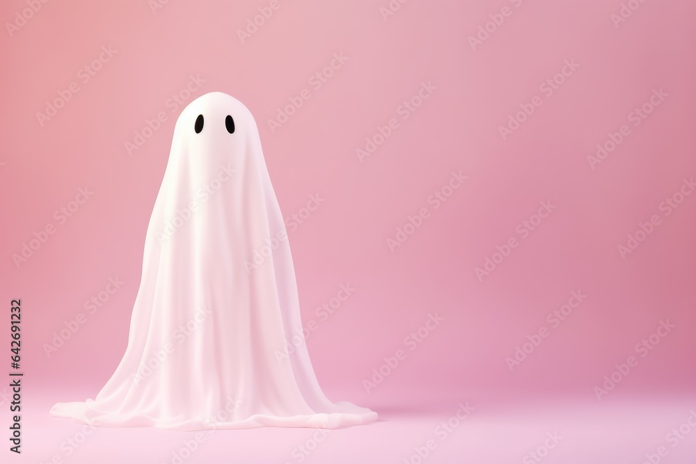 White ghost sheet costume isolated on pastel pink background. Magic scary spirit. Happy Halloween! Halloween party minimal concept White ghost sheet costume isolated on pastel pink background. Magic scary spirit. Happy Halloween! Halloween party minimal concept