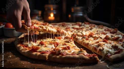 Hands devouring pizza on the table, a bright room with a window photo
