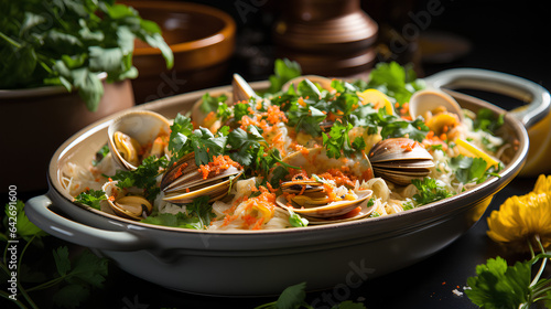 MouthWatering Delight CloseUp of Casserole with Steamed Clams  Linguini  and Parsley