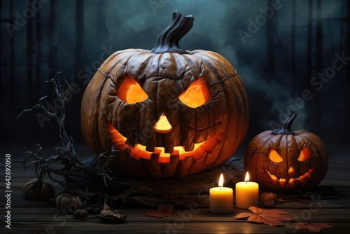 Creepy Halloween grinning pumpkin head jack lantern with burning candles. Creative spooky holiday background © ratatosk