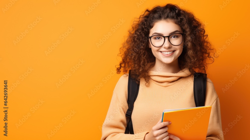 Young student woman wearing backpack holding book over isolated orange background, learning and educational back to school concept, Generative AI - obrazy, fototapety, plakaty 