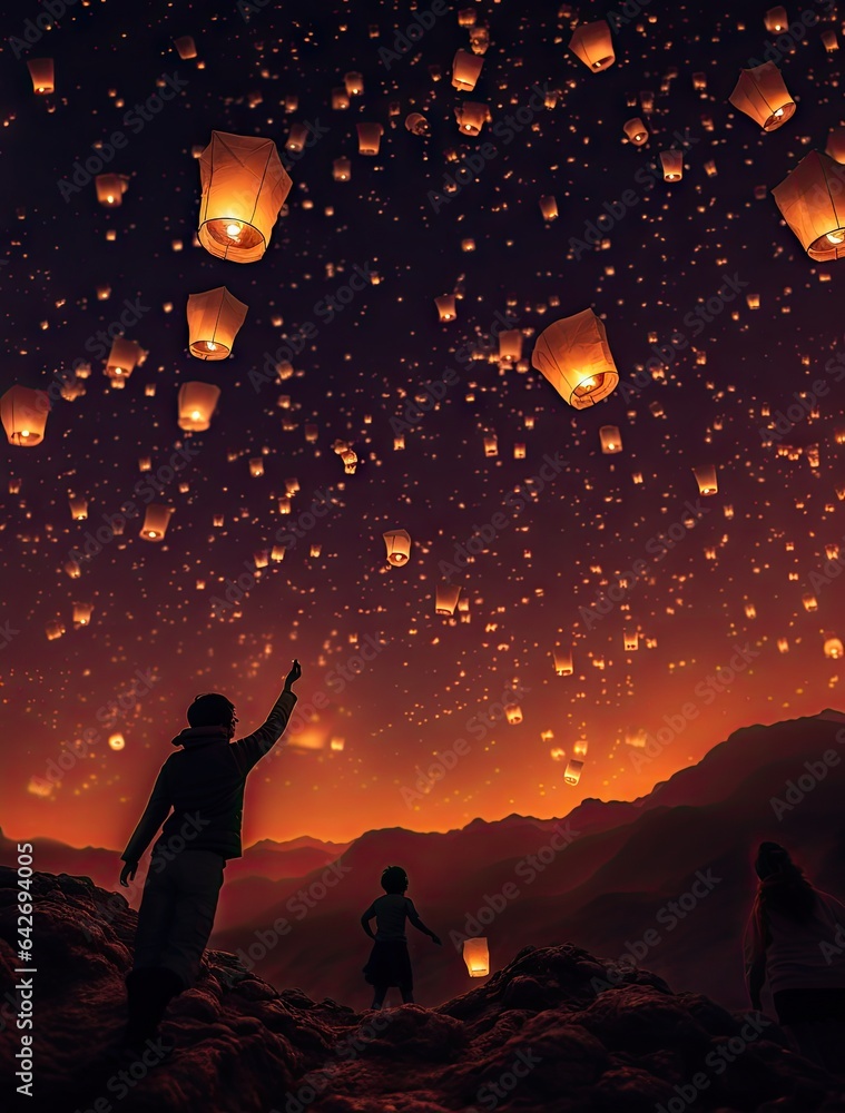 two people flying paper lanterns in the night sky, with one person holding up his hand and another looking at them