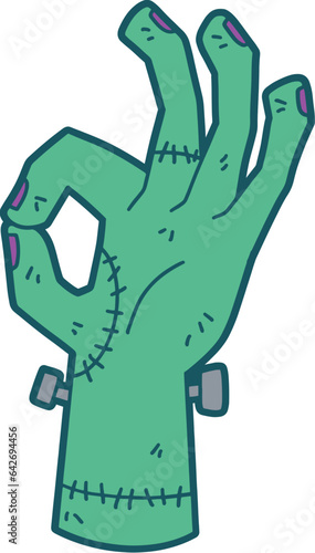Frankenstein hand with okay sign, halloween decoration vector illustration