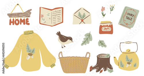 Cozy home autumn collection. Aesthetic cottagecore set with cute sweater, oak leaf, herbal taped flowers, teapot, jar of jam, notebook, wicker basket, tree stump. Drawing vector isolated illustration