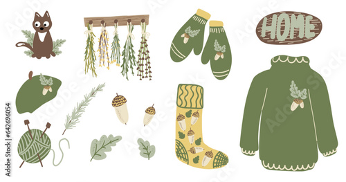 Cozy home autumn collection. Aesthetic cottagecore set with cute sweater, socks, beret hat, mittens, acorn, oak leaf, wool yarn, cat, hanging herbal flowers. Drawing vector isolated illustration