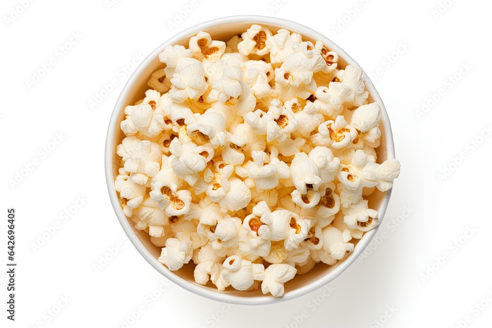 Top-down view of a bucket of popcorn on white background, Isolated for illustration. Generative AI Top-down view of a bucket of popcorn on white background, Isolated for illustration. Generative AI