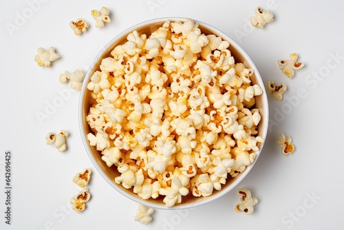 Top-down view of a bucket of popcorn on white background, Isolated for illustration. Generative AI