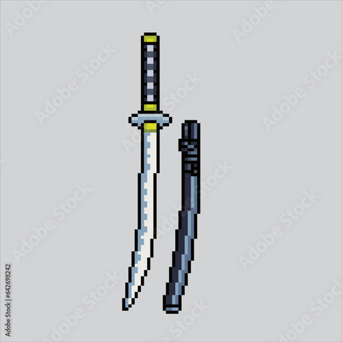 Pixel art illustration Katana. Pixelated Katana. Japanese Katana Sword icon pixelated
for the pixel art game and icon for website and video game. old school retro.