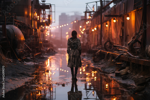 A woman in a dark fairy kei fashion wedding dress wading in a rundown industrial complex in the rain at dusk. Moody atmosphere. AI generative