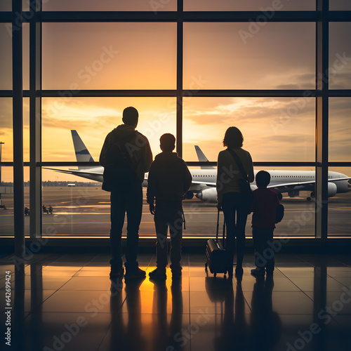 Family at the airport looking at planes while they wait for their flight. A travel and vacation concept. Generative ai