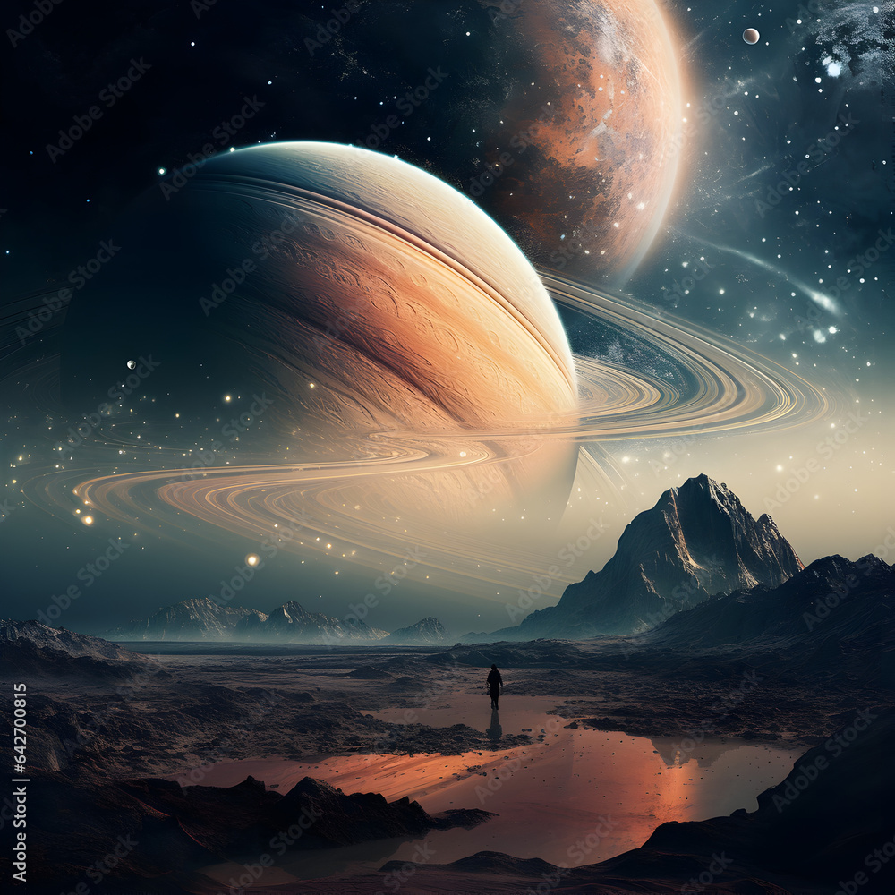 Science fiction Saturn-like planet in the sky over earth. A whimsical outer space concept. Generative ai. Science fiction Saturn-like planet in the sky over earth. A whimsical outer space concept. Generative ai.