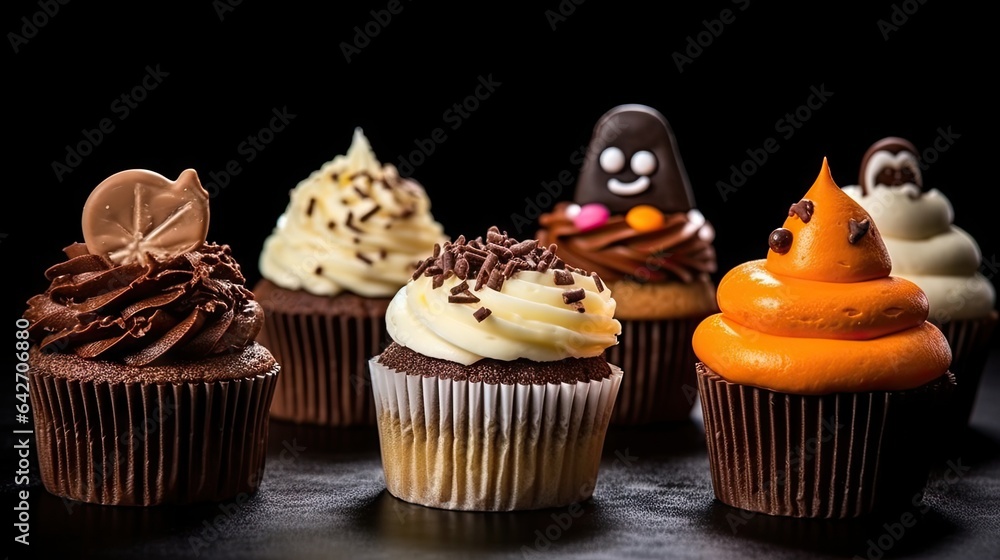 some cupcakes with chocolate frosting and icing on black background, shot in slow motion stock photo some cupcakes with chocolate frosting and icing on black background, shot in slow motion stock photo