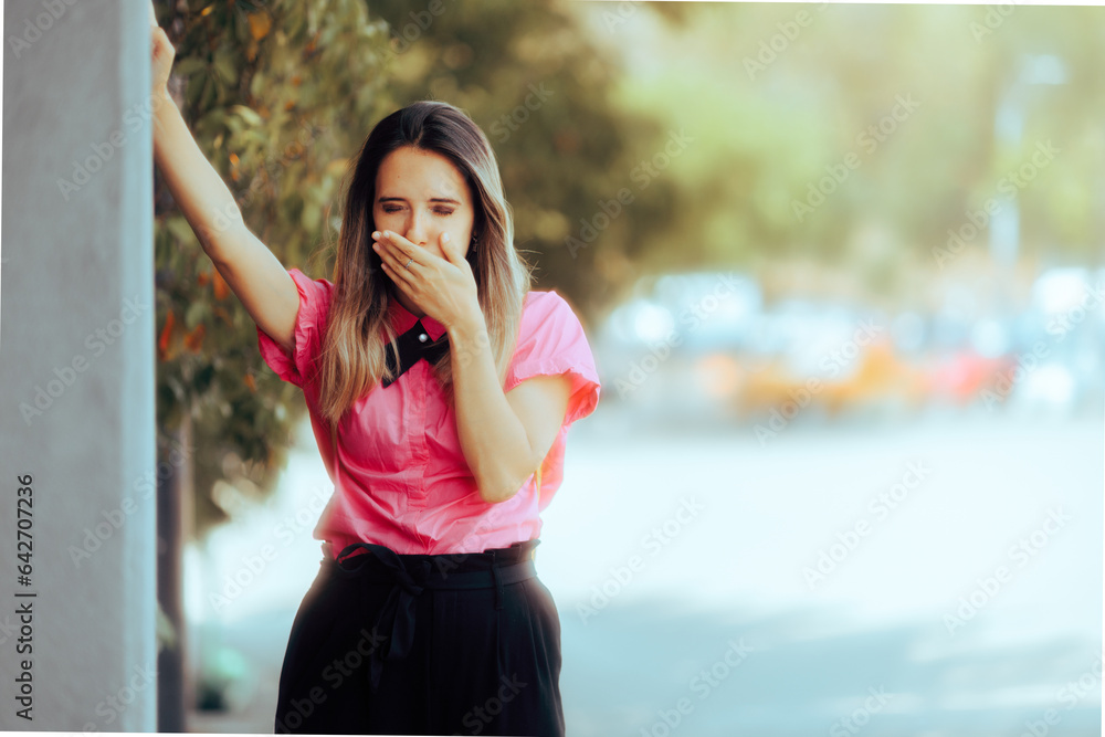 Businesswoman Feeling Sick in the middle of the Street. Anemic office worker feeling the burnout symptoms
Businesswoman Feeling Sick in the middle of the Street. Anemic office worker feeling the burnout symptoms