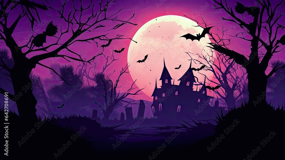 a halloween castle in the woods with bats flying over it and a full moon at night time, illustration