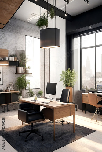 A contemporary loft office interior with a warm  inviting atmosphere and a sleek  modern design. 3D rendering with a focus on the textures and colors of the furniture and decor.