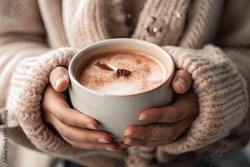 a woman holding a cup of hot chocolate latte in her hands, with text overlaying the image