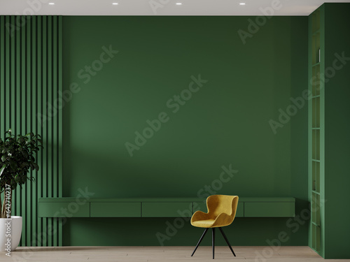 Workplace in bright deep green color. Emerald walls and furniture - accent yellow mustard chairs. Long work cabinets. Large home office or coworking, classroom. Modern design room for art. 3d render