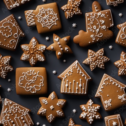 Christmas goodies galore! From a top view, gingerbread cookies unite to create an unbroken pattern for a festive background texture.